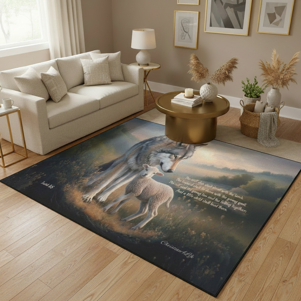 Wolf and Lamb Area Rug — With Isaiah 11:6 Quote - Christian Rug with Black Binding 84" x 60"