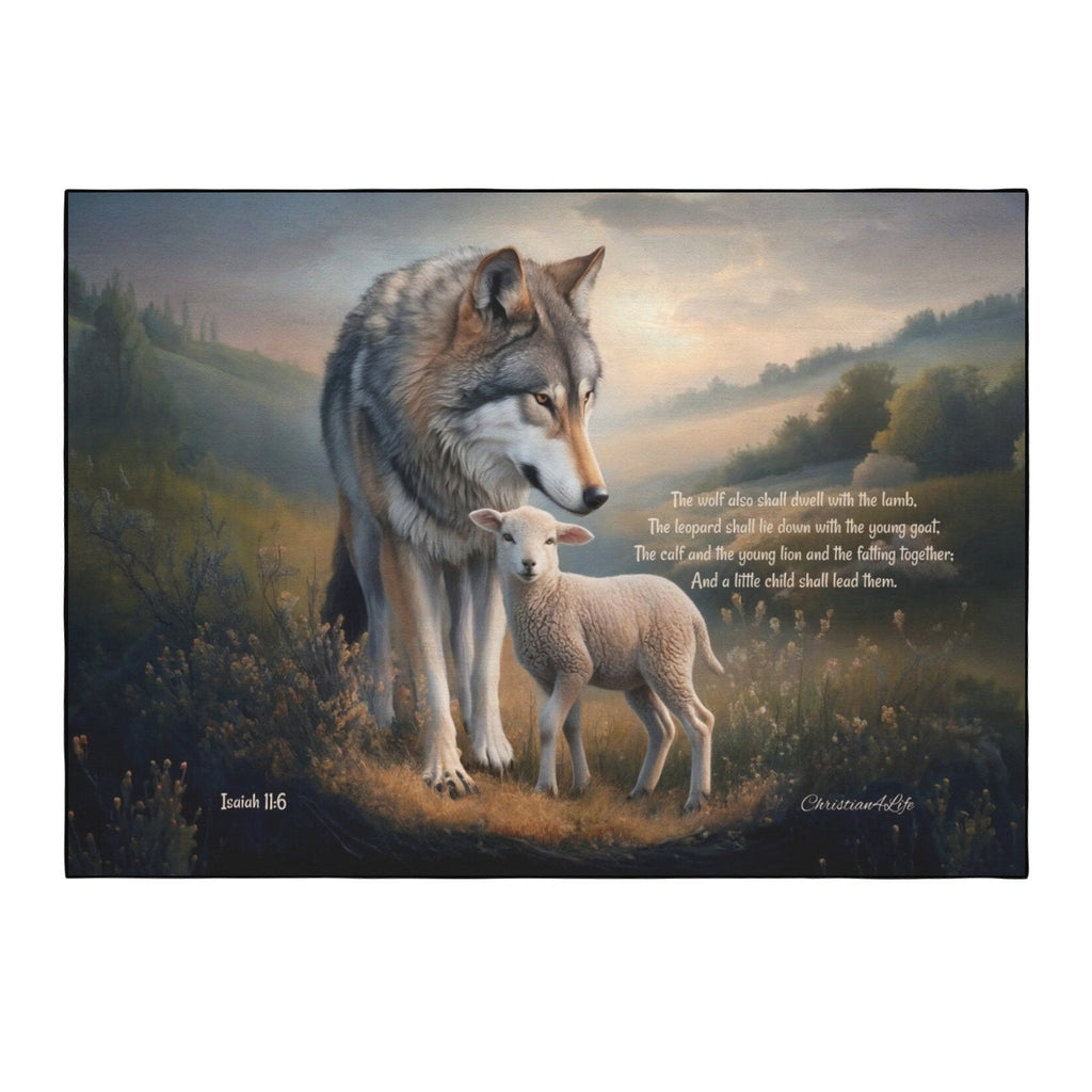 Wolf and Lamb Area Rug — With Isaiah 11:6 Quote - Christian Rug with Black Binding 84" x 60"