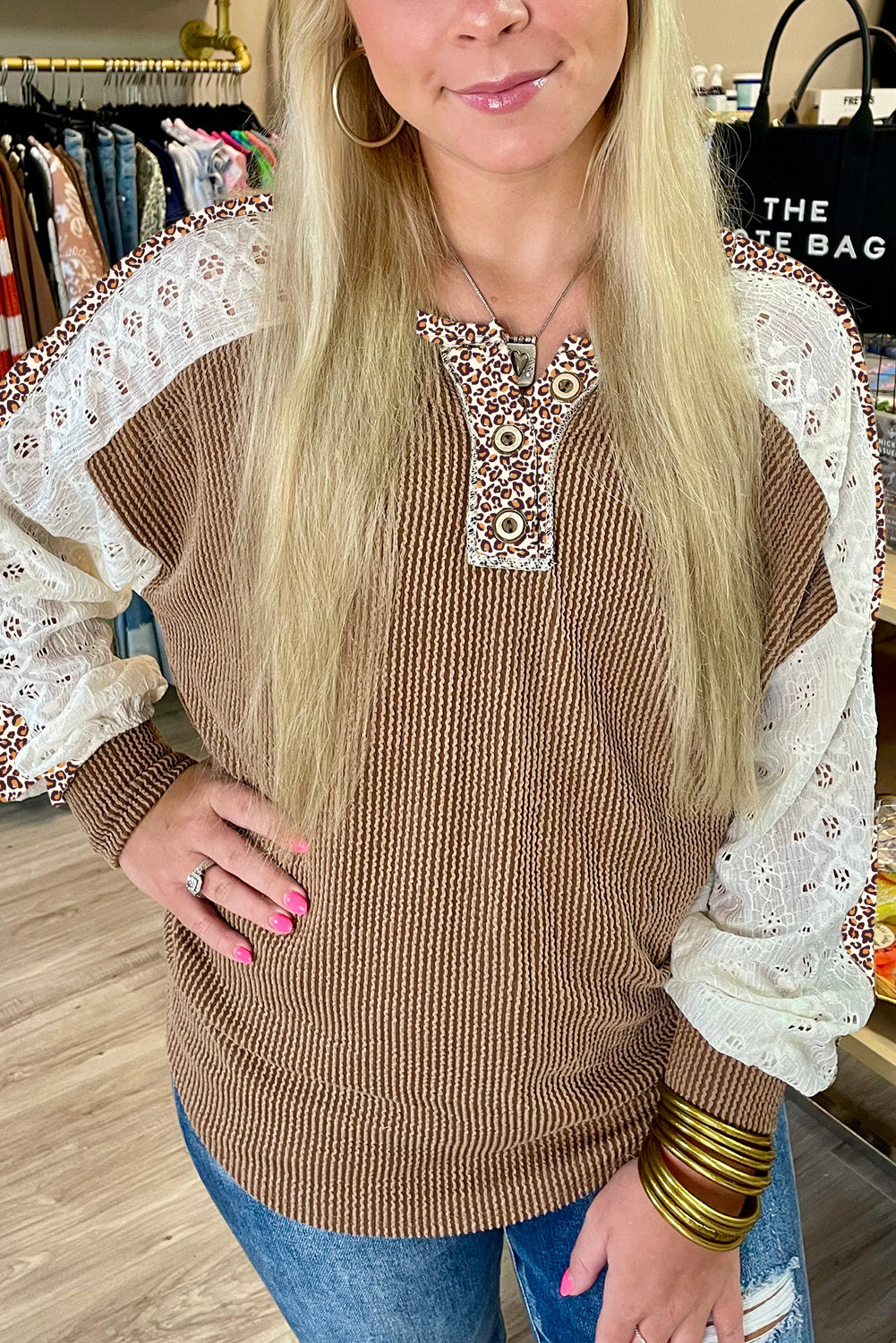 Dark Khaki Twisted Ribbed Leopard Lace Contrast Patchwork Long Sleeve Top
