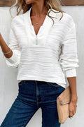 White Solid Color Zipper V Neck Pullover Sweatshirt