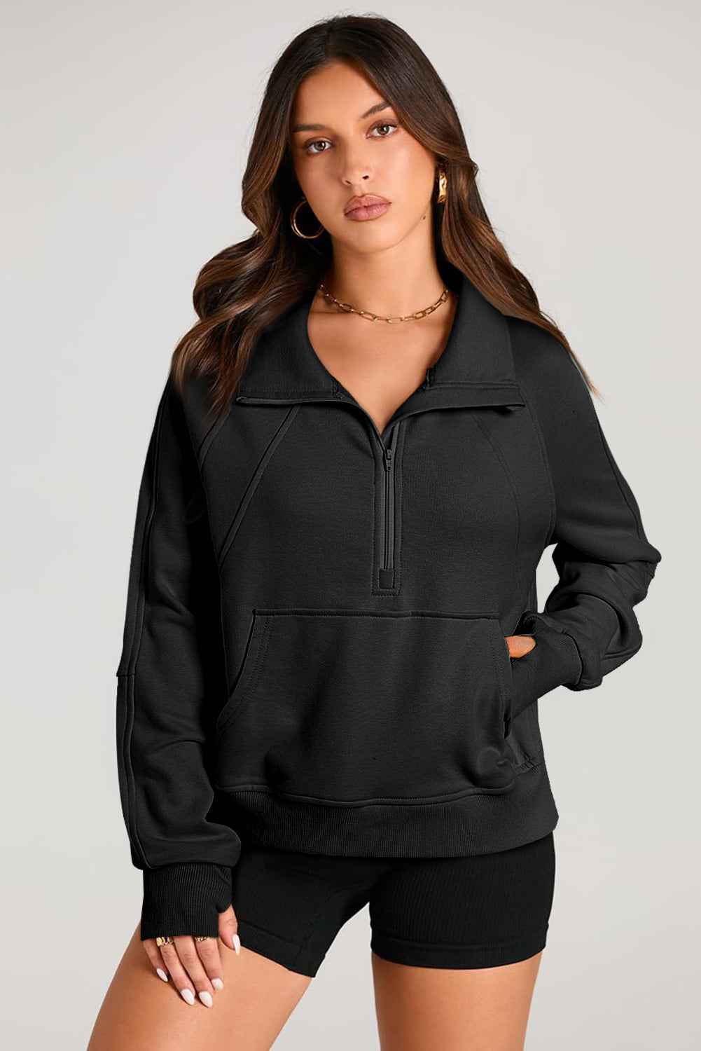 Smoke Green Quarter Zip Stand Neck Kangaroo Pocket Sweatshirt