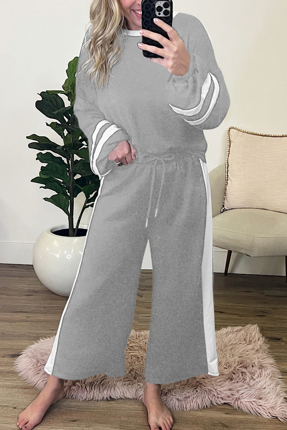 Mineral Red Varsity Stripe Patchwork Puff Sleeve Pullover Drawstring Wide Leg Pant Set