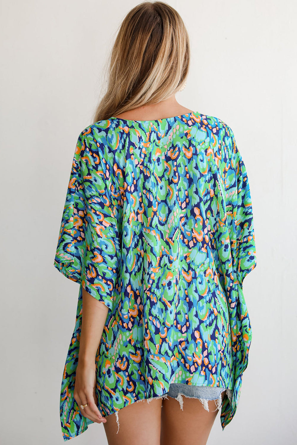 Pink Abstract Print V Neck Half Sleeve Loose Fit Tunic Blouse
