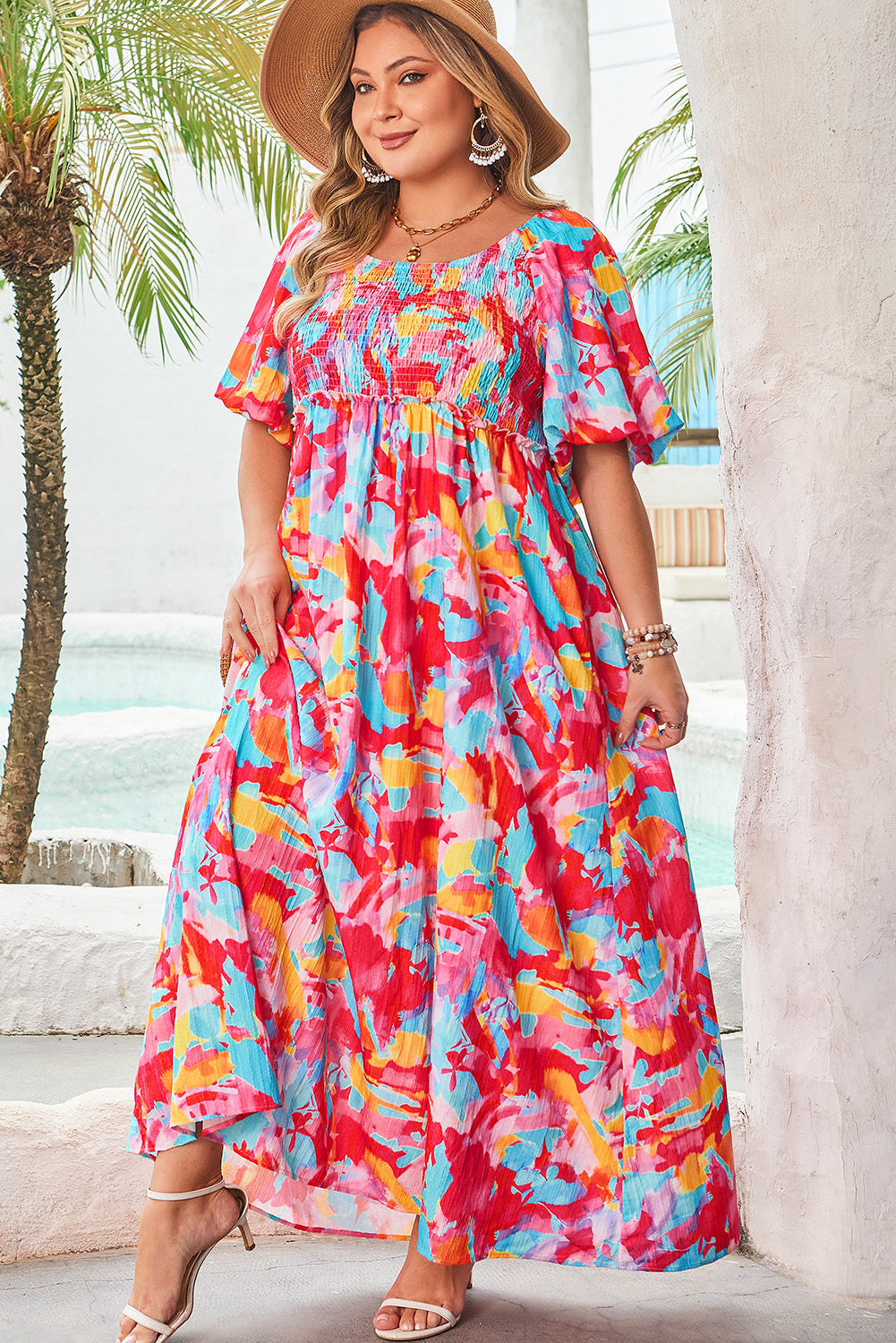 Rose Abstract Printed Puff Sleeve Square Neck Smocked Bust Tied Back Plus Size Dress