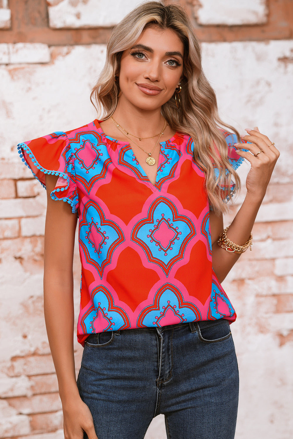 Red Random Abstract Print V Neck Ruffle Shoulder Blouse