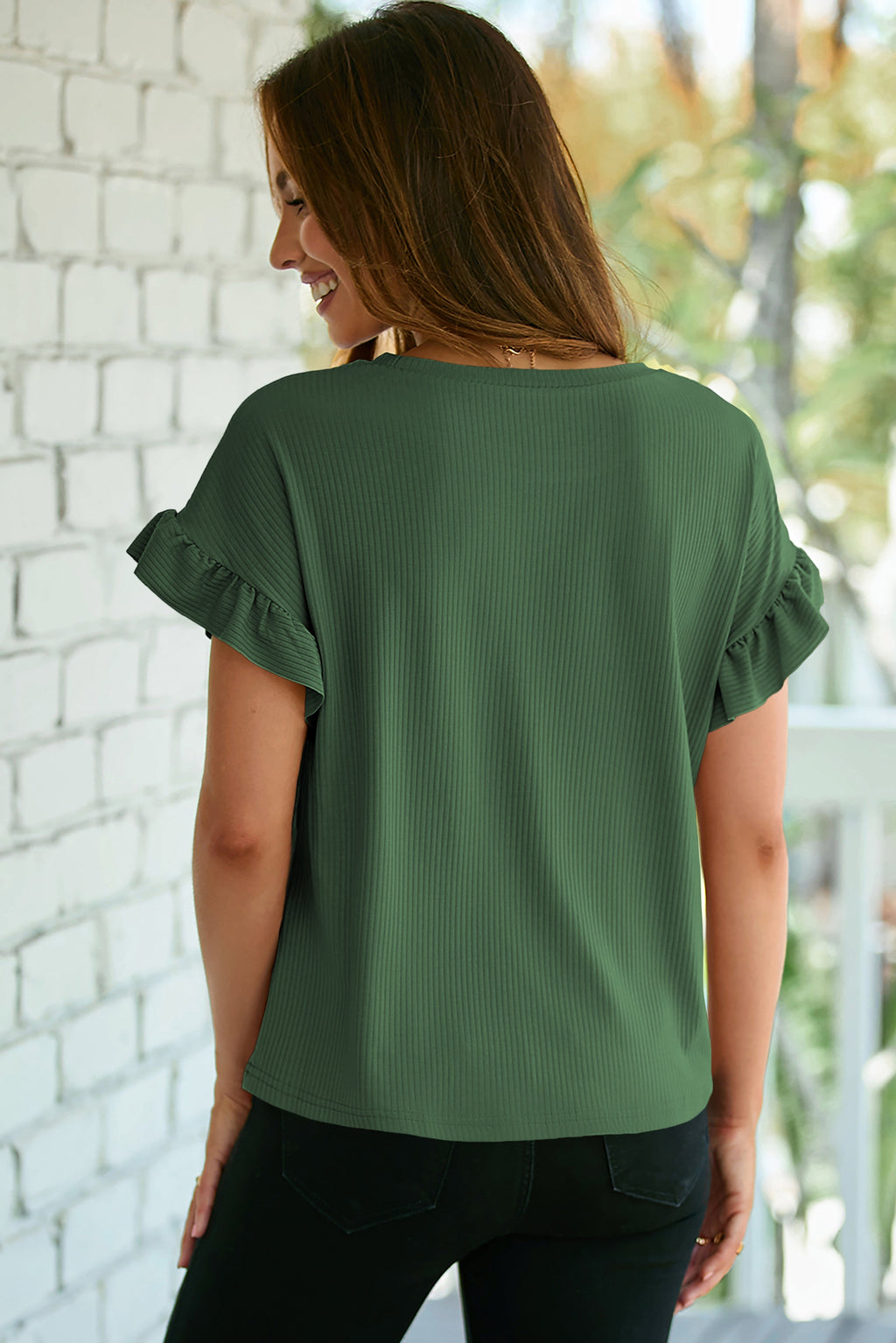 White Solid Color Ribbed Ruffled Short Sleeve T Shirt