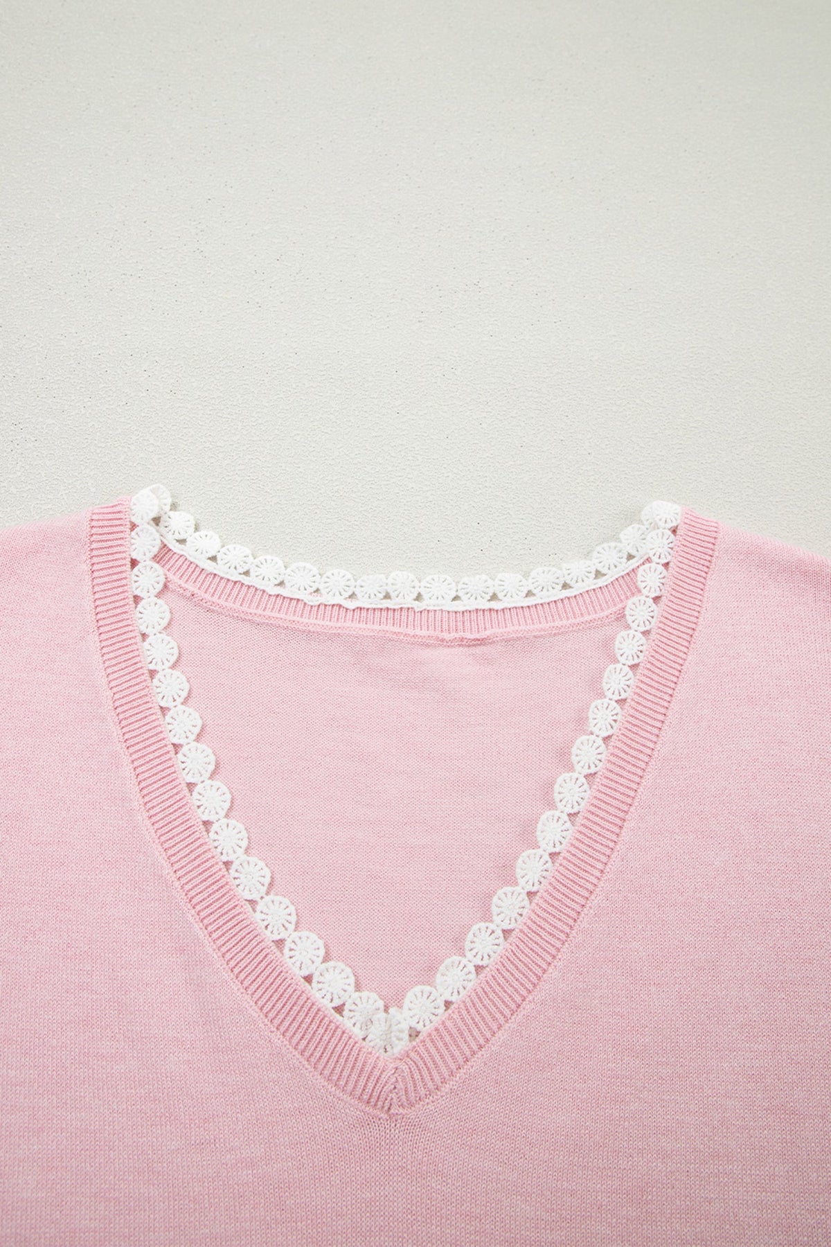 Strawberry Pink Lacy V Neckline Short Sleeve Sweater