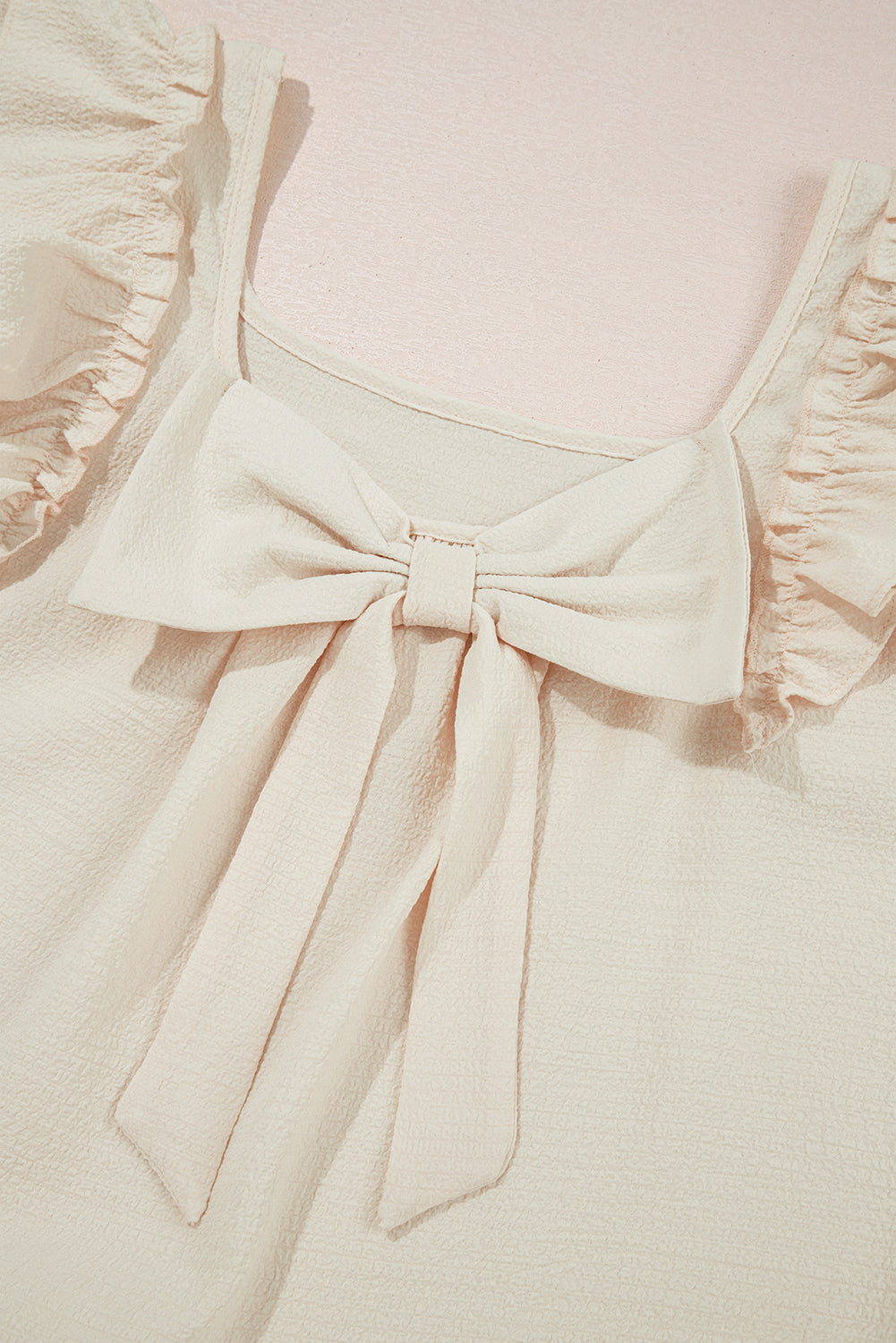 Beige Textured Bow Knot Frilled Butterfly Sleeve Blouse