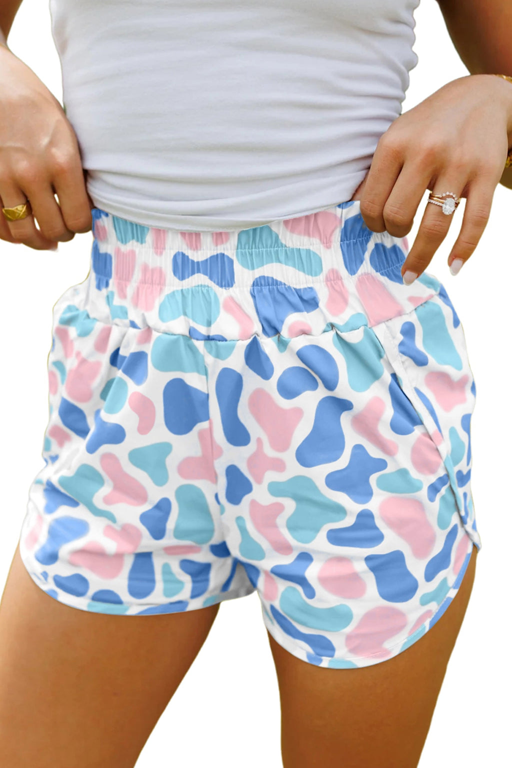Sky Blue Camouflage Print Shirred High Waist Athleisure Shorts
