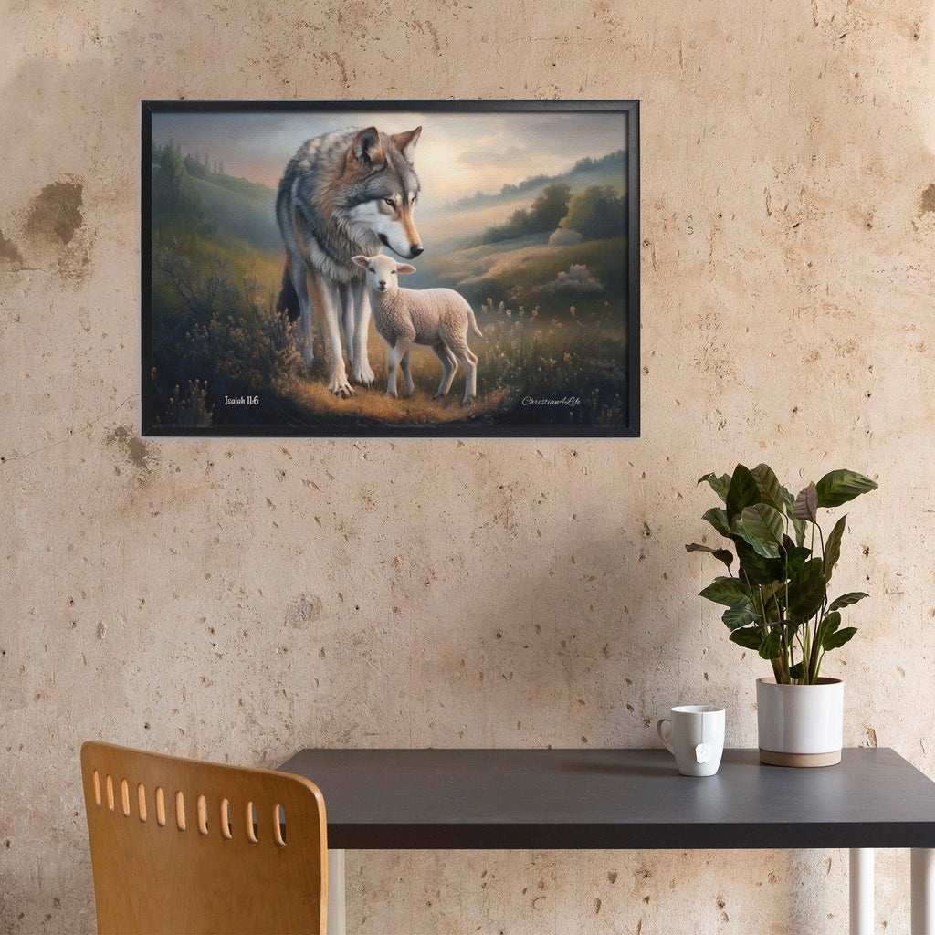 Framed- Wolf and Lamb, Christian Wall Art, Black Framed Canvas Print, Isaiah 11:6
