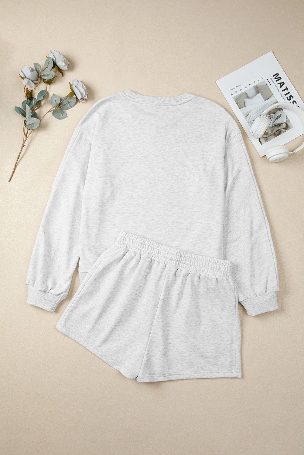 Sachet Pink Bow Embroidery Long Sleeve Pullover and High Waist Shorts Set