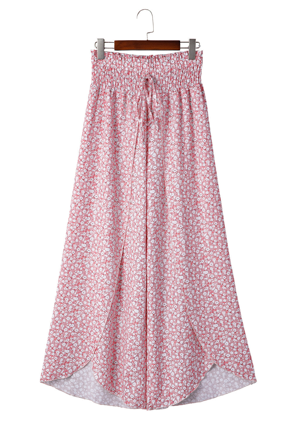 Pink Floral Shirred Side Slit Wide Leg Pants