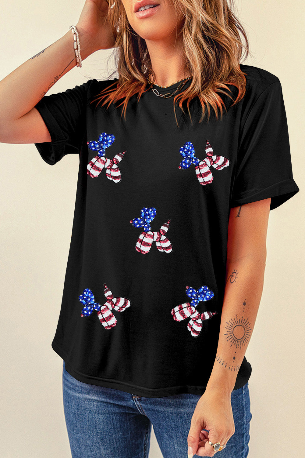 Black Patriotic Sequin Balloon Puppy Graphic Crewneck Tee