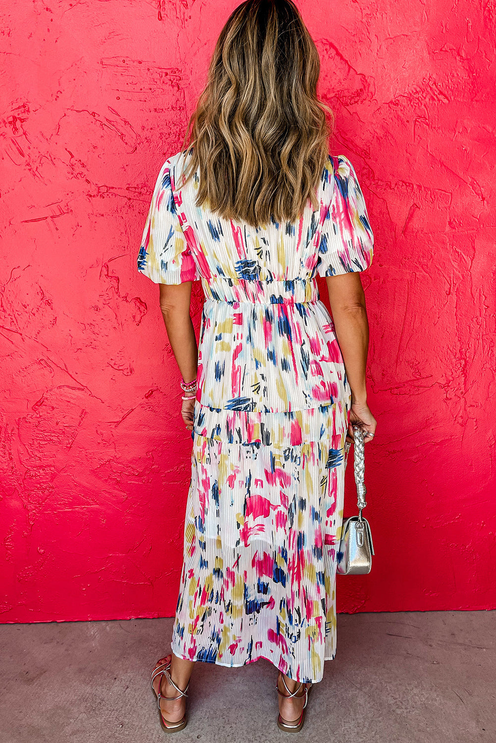 Sky Blue Abstract Print Short Puff Sleeve Tiered Maxi Dress
