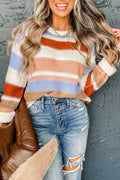 Pink Striped Colorblock Round Neck Drop Shoulder Sweater