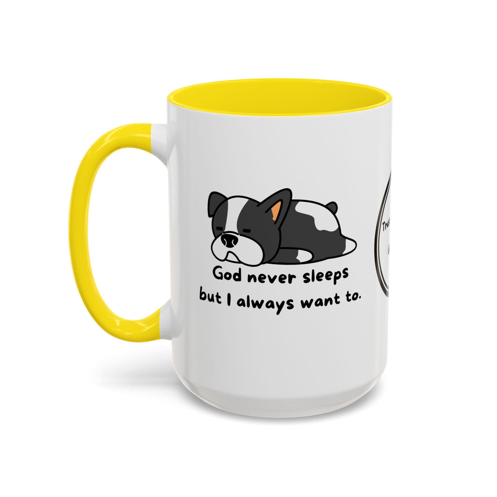 Christian "God never sleeps" 11 oz and 15oz Accent Mug, multiple colors, Christian Mug