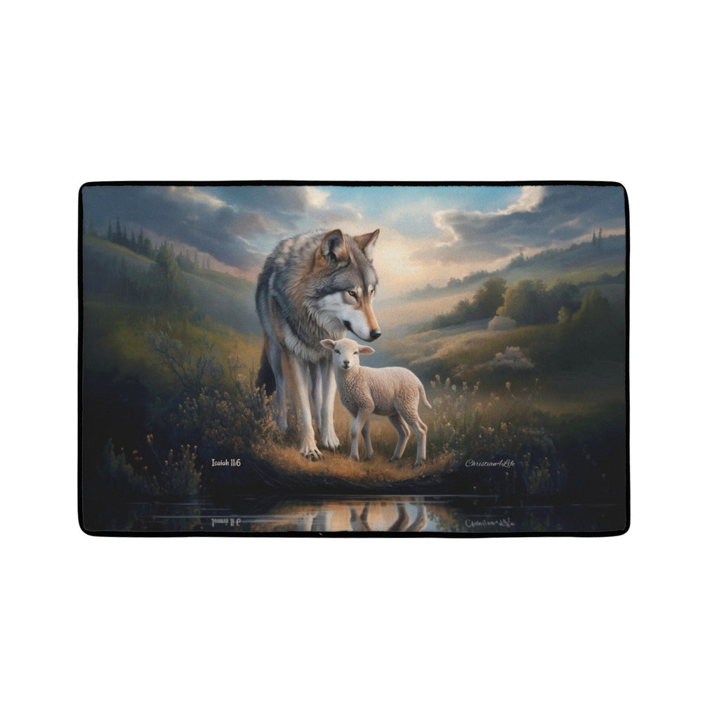 Wolf and Lamb Christian area rug / Mat 31" x 20" (choose from 3 designs) with Black Binding