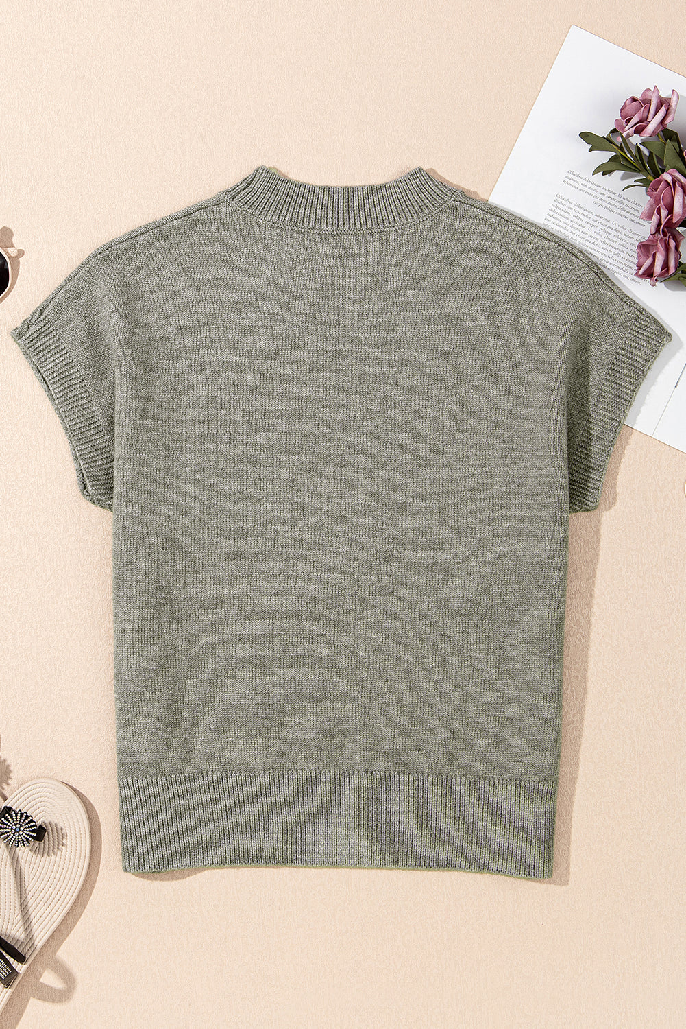 High Flower Pattern Ribbed Trim Short Sleeve Boxy Sweater