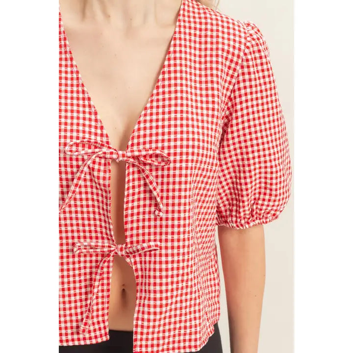 Gingham Bow Tie Puff Sleeve Blouse