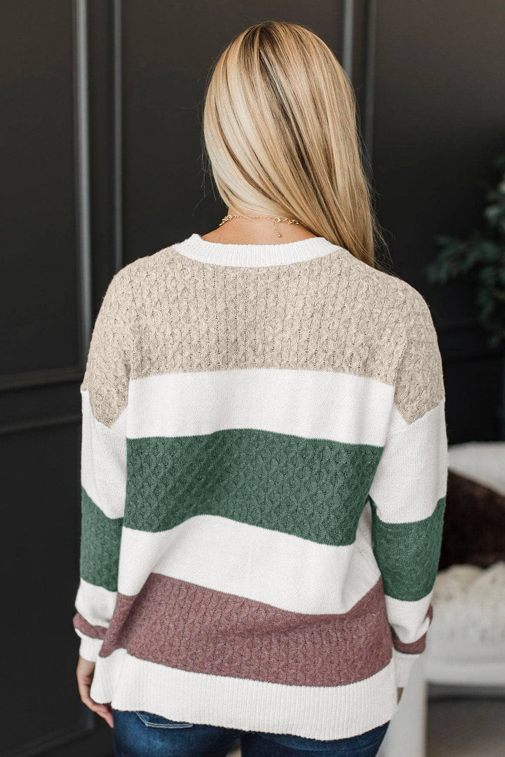 Brown Mixed Texture Knit Striped Colorblock Loose Sweater