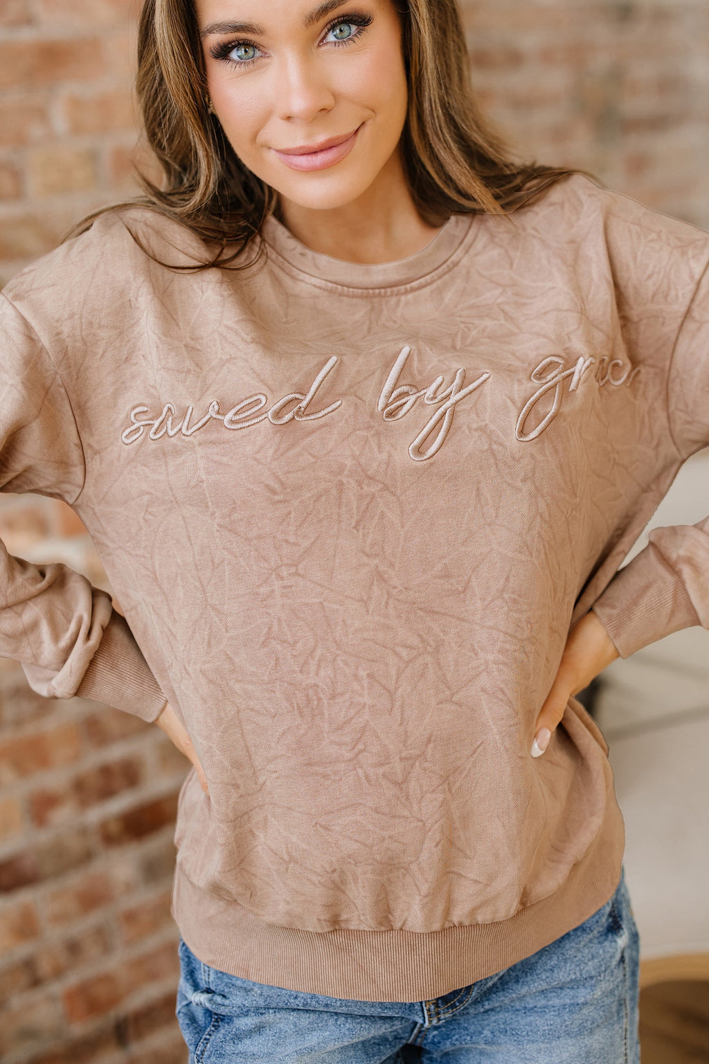 High-rise saved by grace Letter Embroidery Mineral Wash Loose Sweatshirt