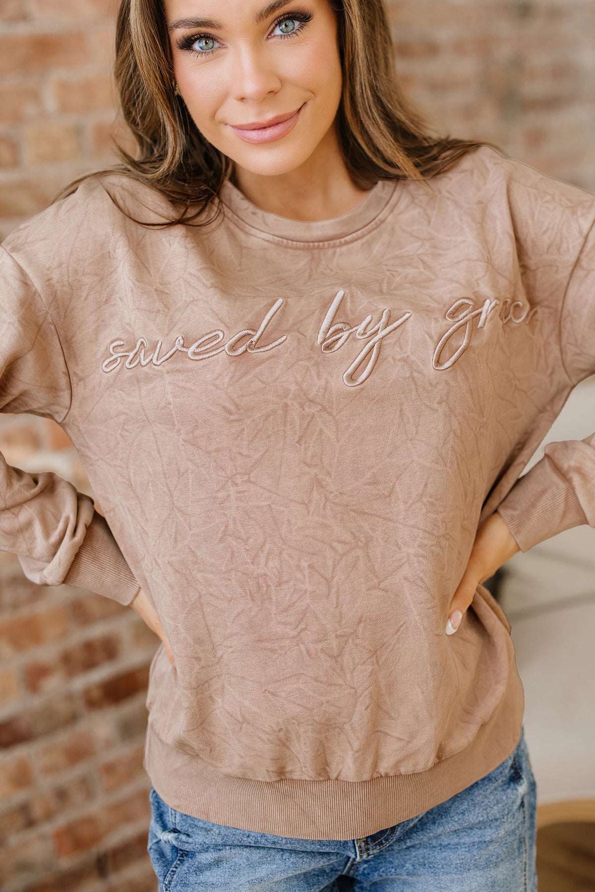 High-rise saved by grace Letter Embroidery Mineral Wash Loose Sweatshirt