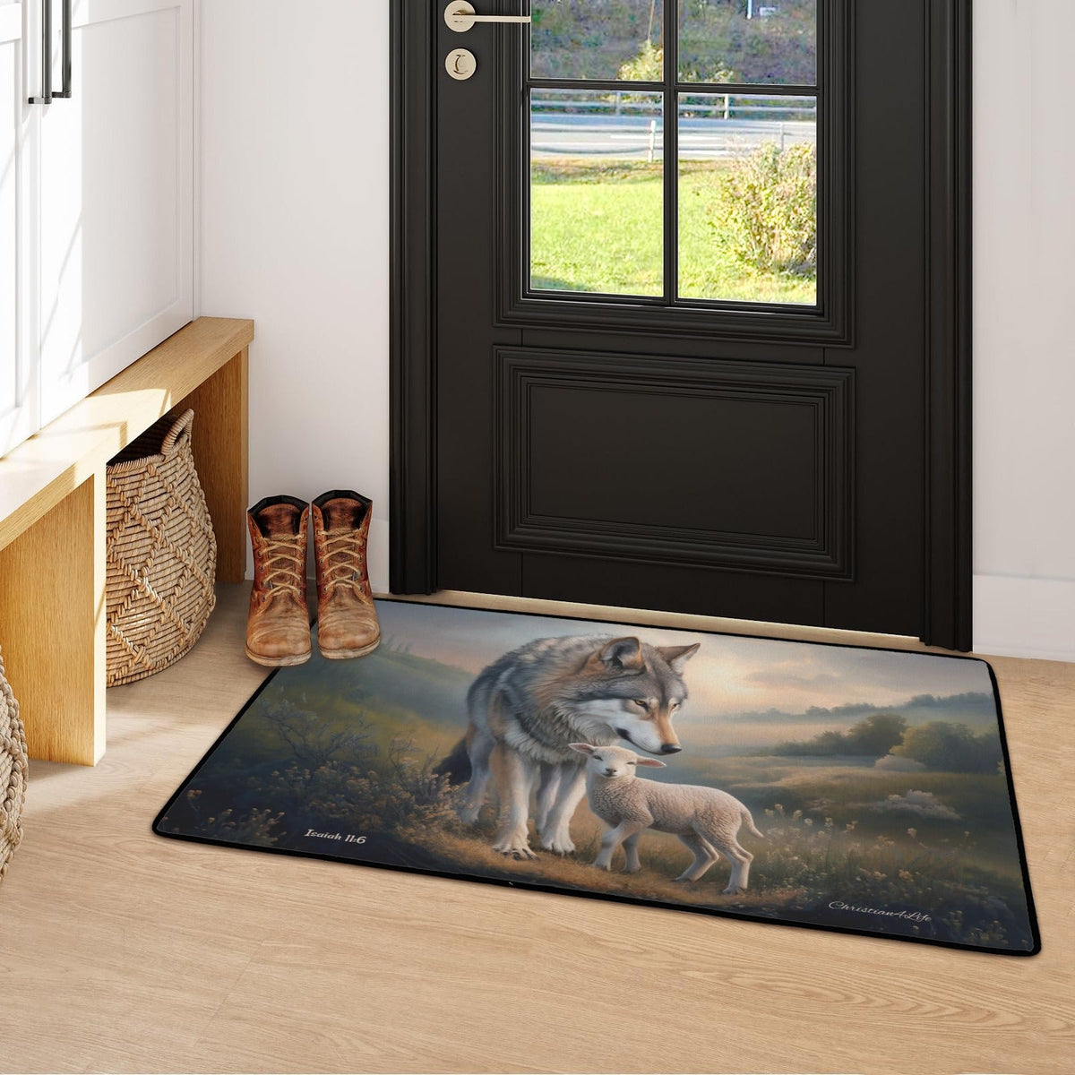 Wolf and Lamb Christian area rug / Mat 31" x 20" (choose from 3 designs) with Black Binding