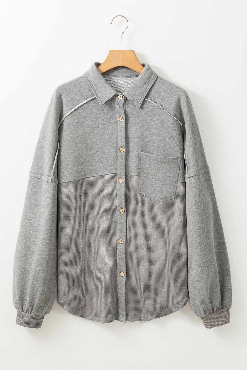 Black Waffle Knit Patchwork Exposed Seam Loose Shacket
