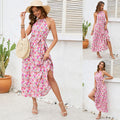 Off-shoulder Halter Sling Rayon Printed Lace Up Large Swing Dress