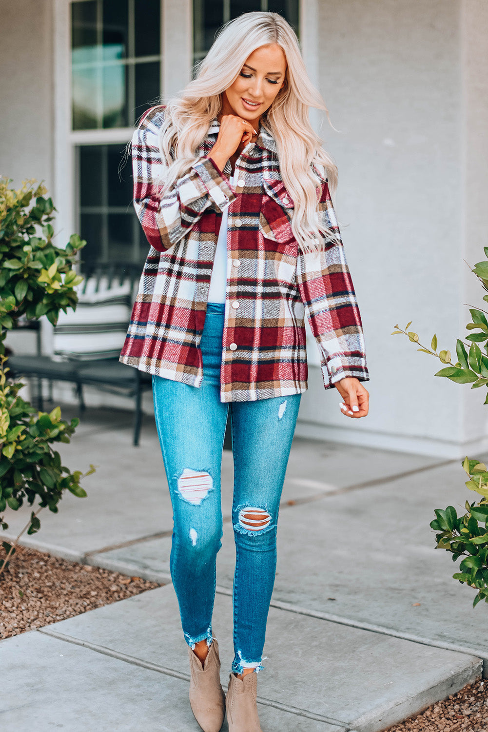 Green Geometric Plaid Print Pocketed Shacket