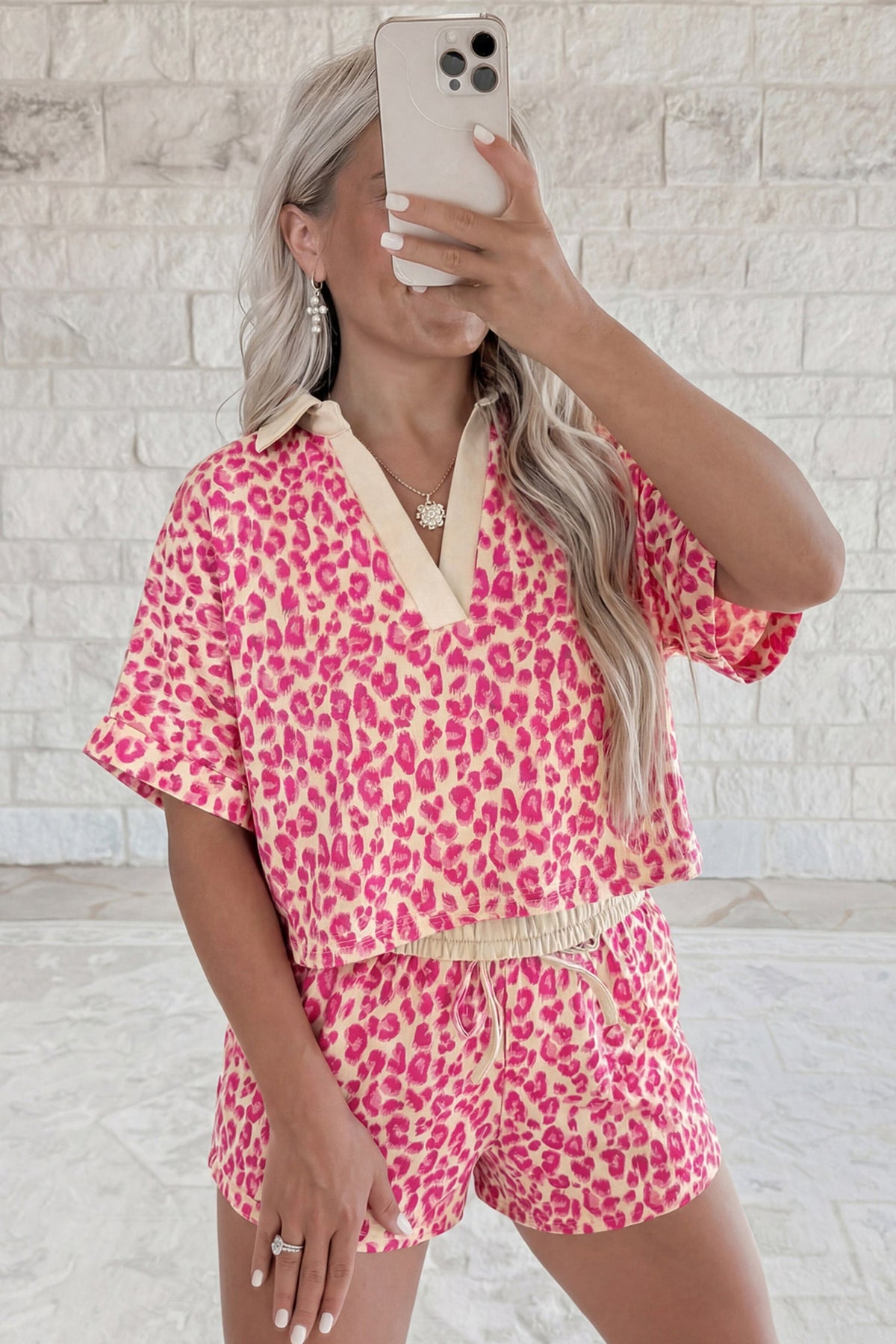 Brown V Neck Collar Leopard Printed 2pcs Short Set