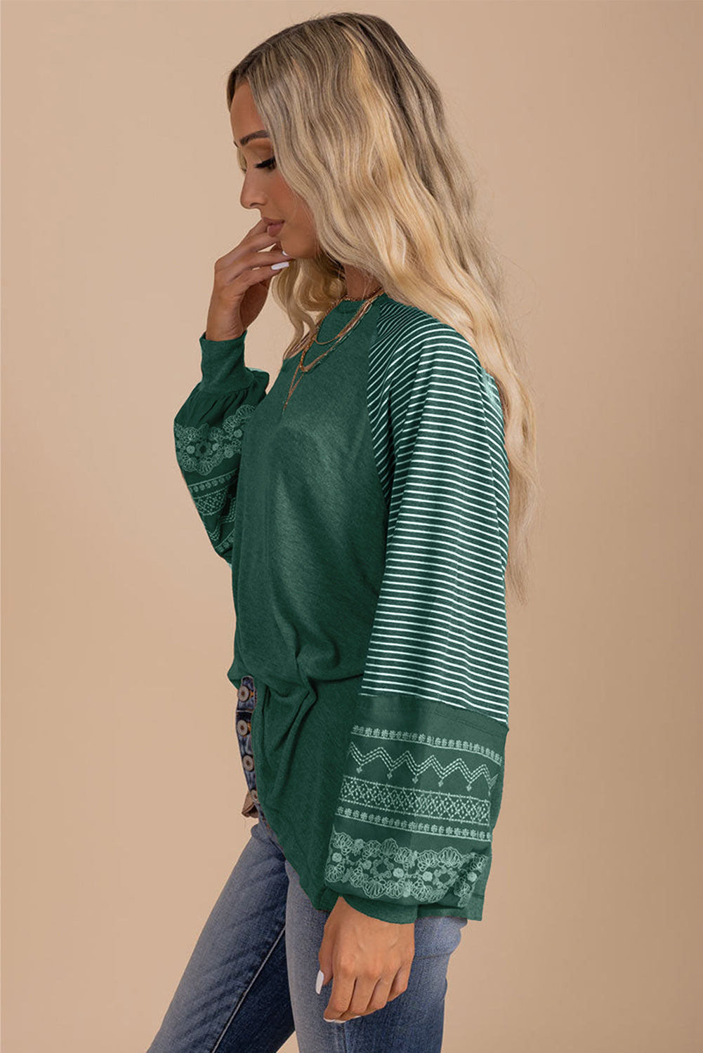 Tillandsia Purple Contrast Print Striped Raglan Long Sleeve Loose Top