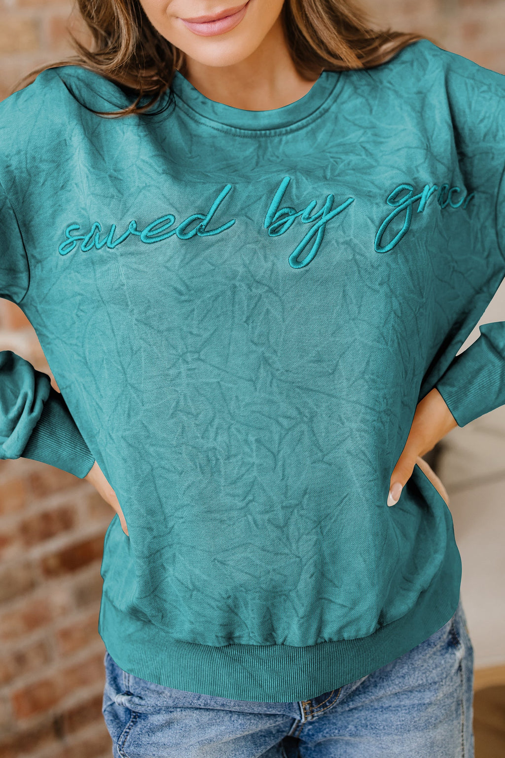 High-rise saved by grace Letter Embroidery Mineral Wash Loose Sweatshirt