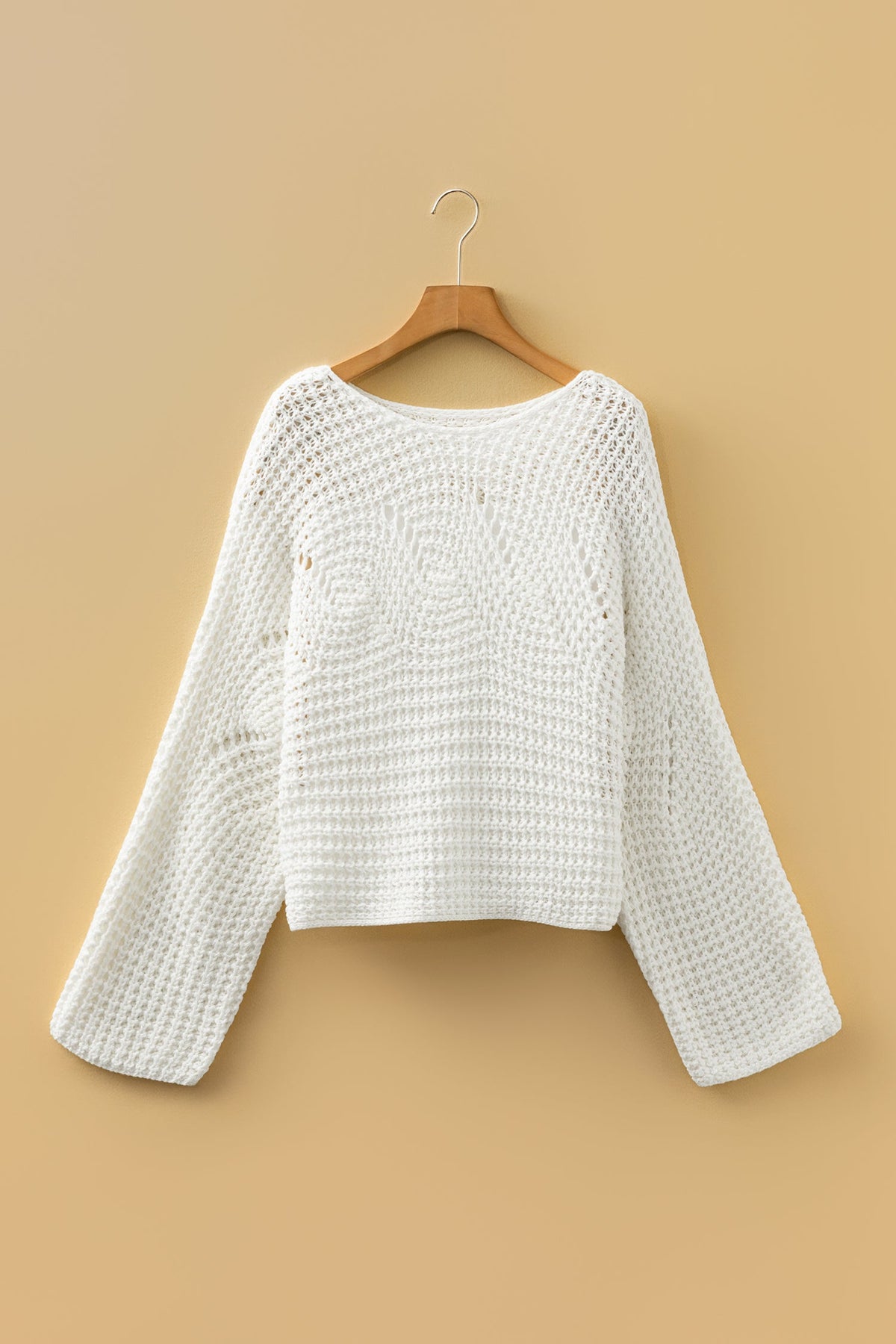 White Hollowed Detail Wide Sleeve Loose Pullover Sweater