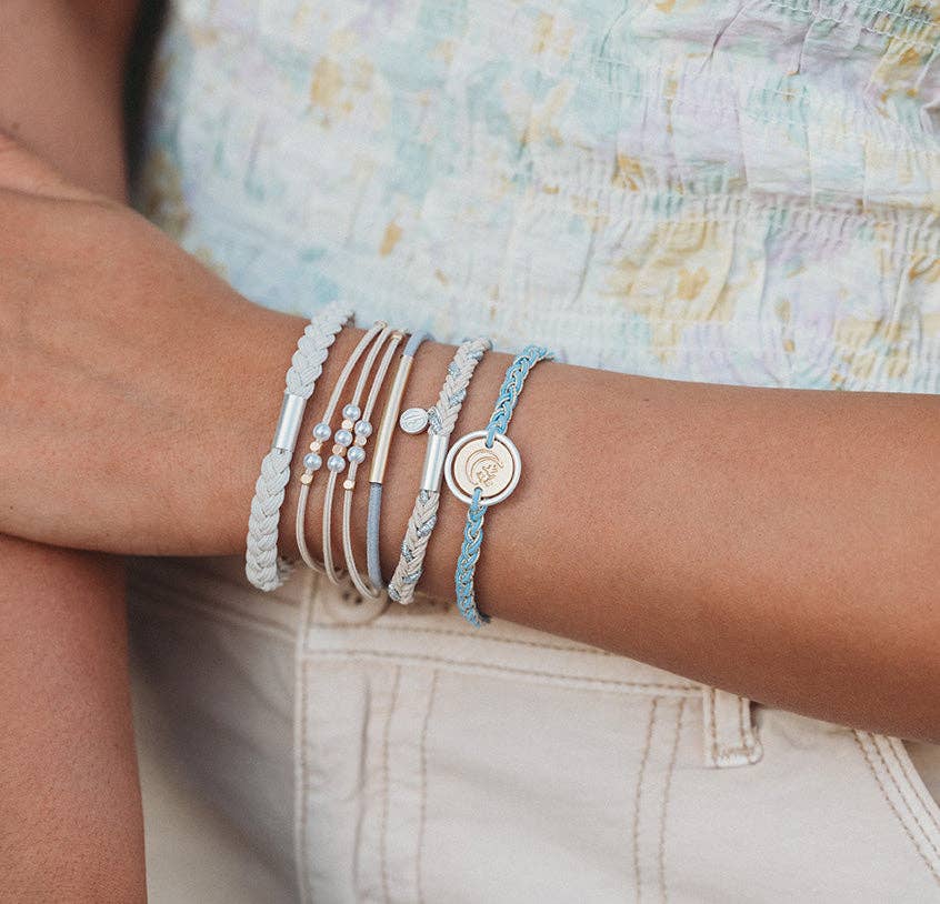 "Wonder" Soft Creams and Blues with Pearls and Gold Hair Tie Bracelets