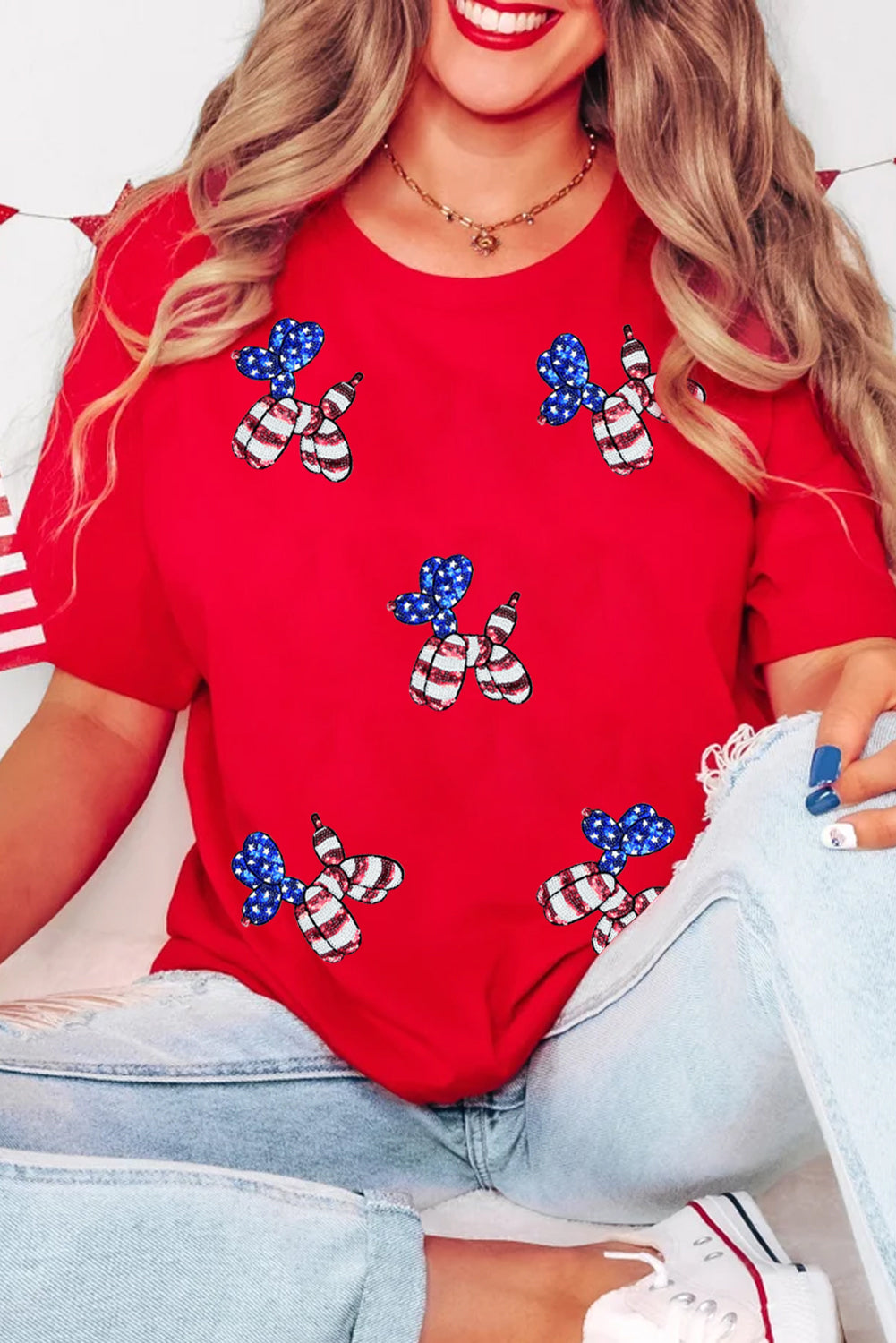 Black Patriotic Sequin Balloon Puppy Graphic Crewneck Tee