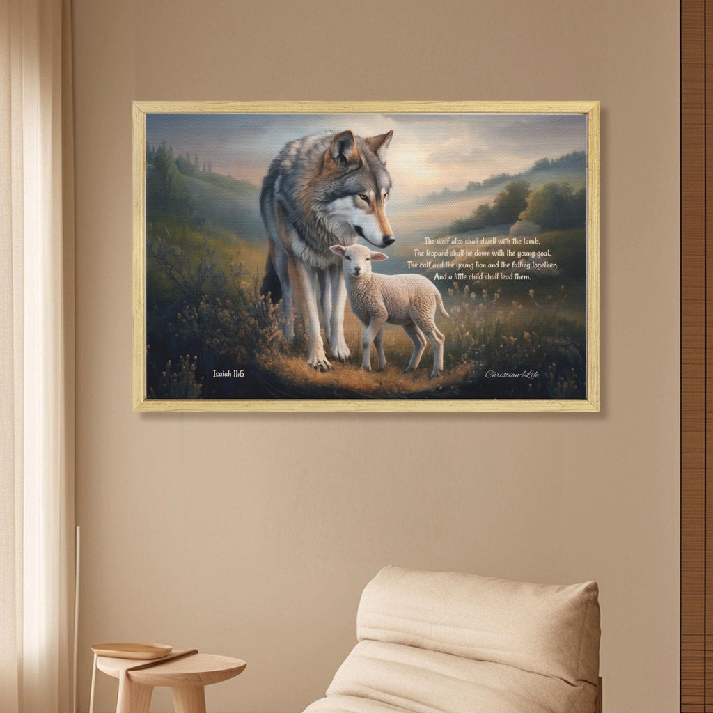 Framed - Wolf and Lamb with Isaiah 11:6 Quote, Christian Canvas, Wooden Frame