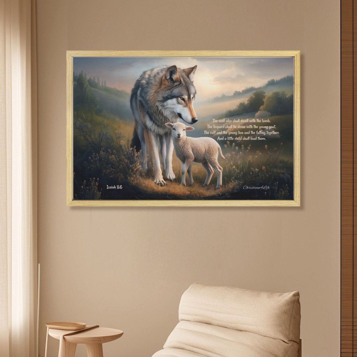 Framed - Wolf and Lamb with Isaiah 11:6 Quote, Christian Canvas, Wooden Frame