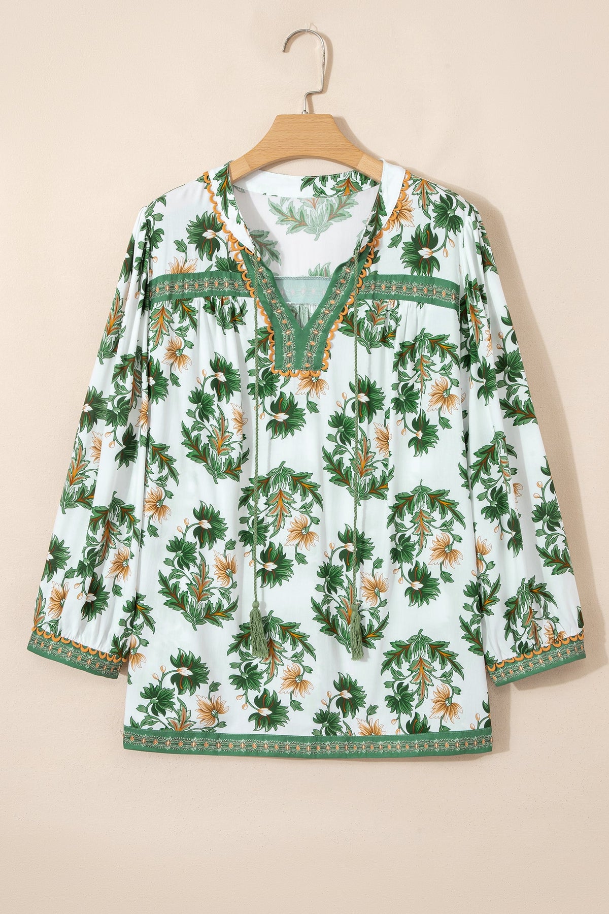 Green Plus Size Floral Printed Contrast Patchwork Detail Tassel Tie 3/4 Sleeve Blouse