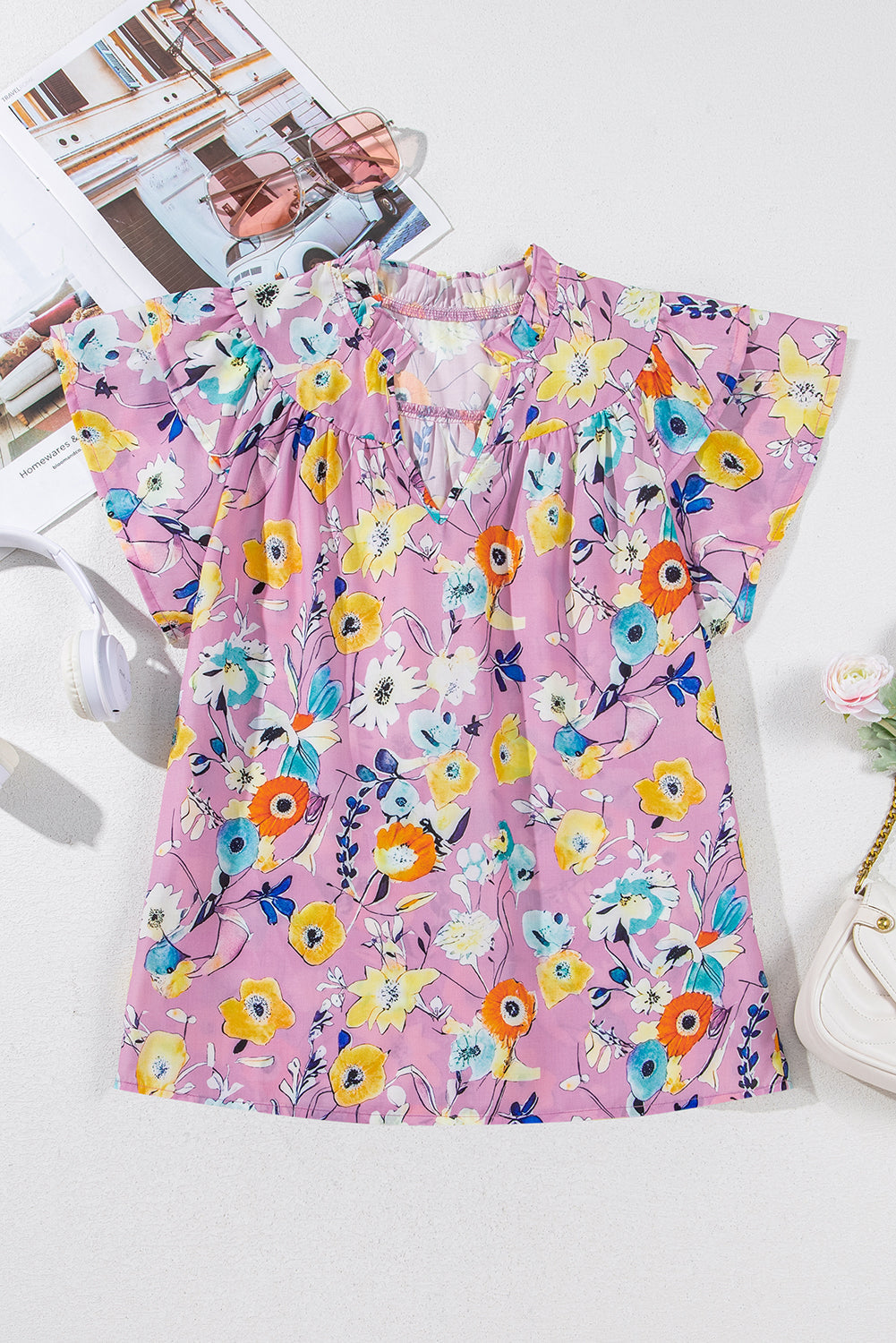 Sky Blue Flutter Sleeve Frill V Neck Floral Top