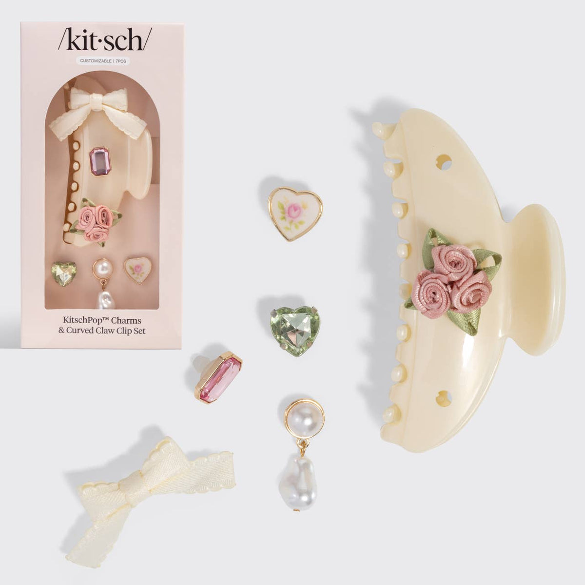 KitschPop™️Curved Claw Clip 7pc Set Vintage- Pearlized Cream
