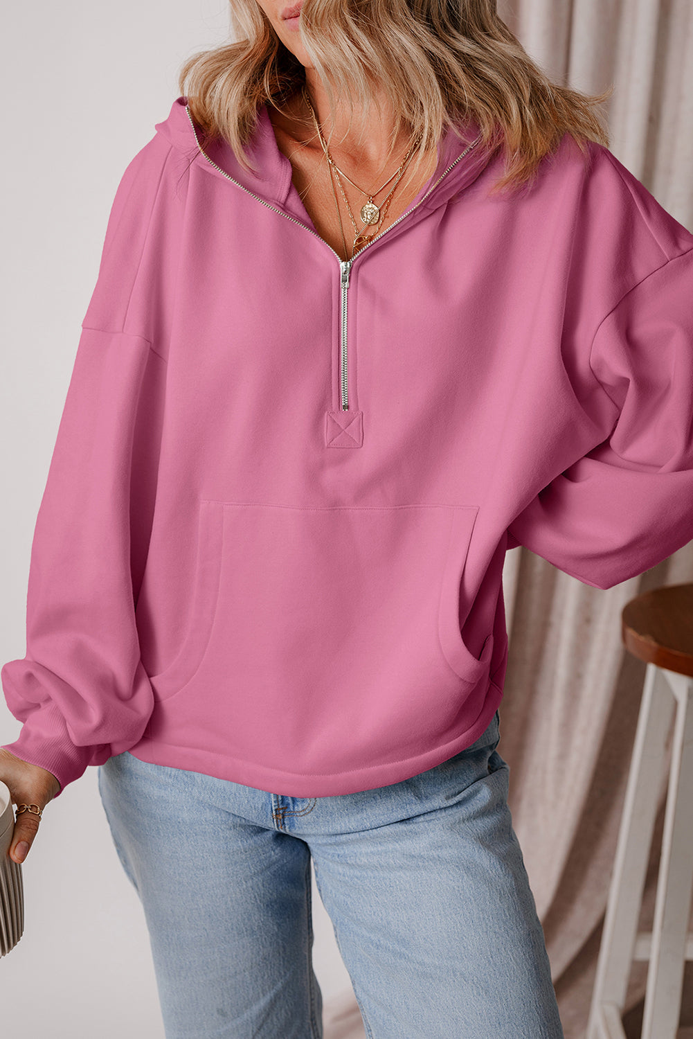 Orange Half Zipper Kangaroo Pockets Drop Shoulder Hoodie