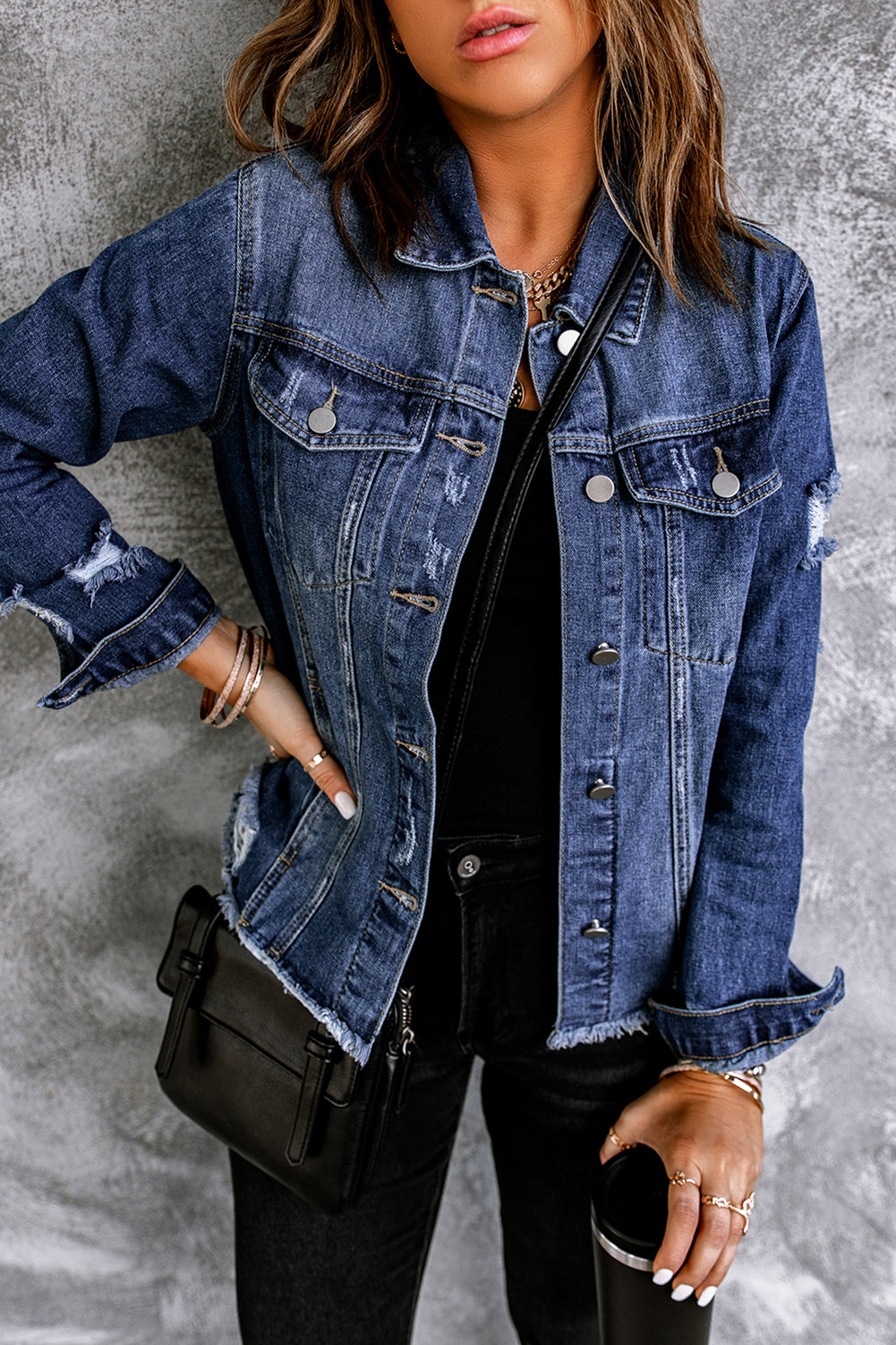 Black Lapel Distressed Raw Hem Buttons Denim Jacket