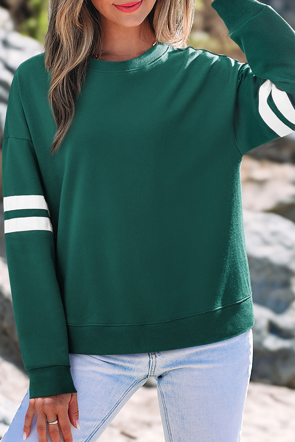 Sky Blue Varsity Striped Detail Drop Shoulder Oversized Sweatshirt