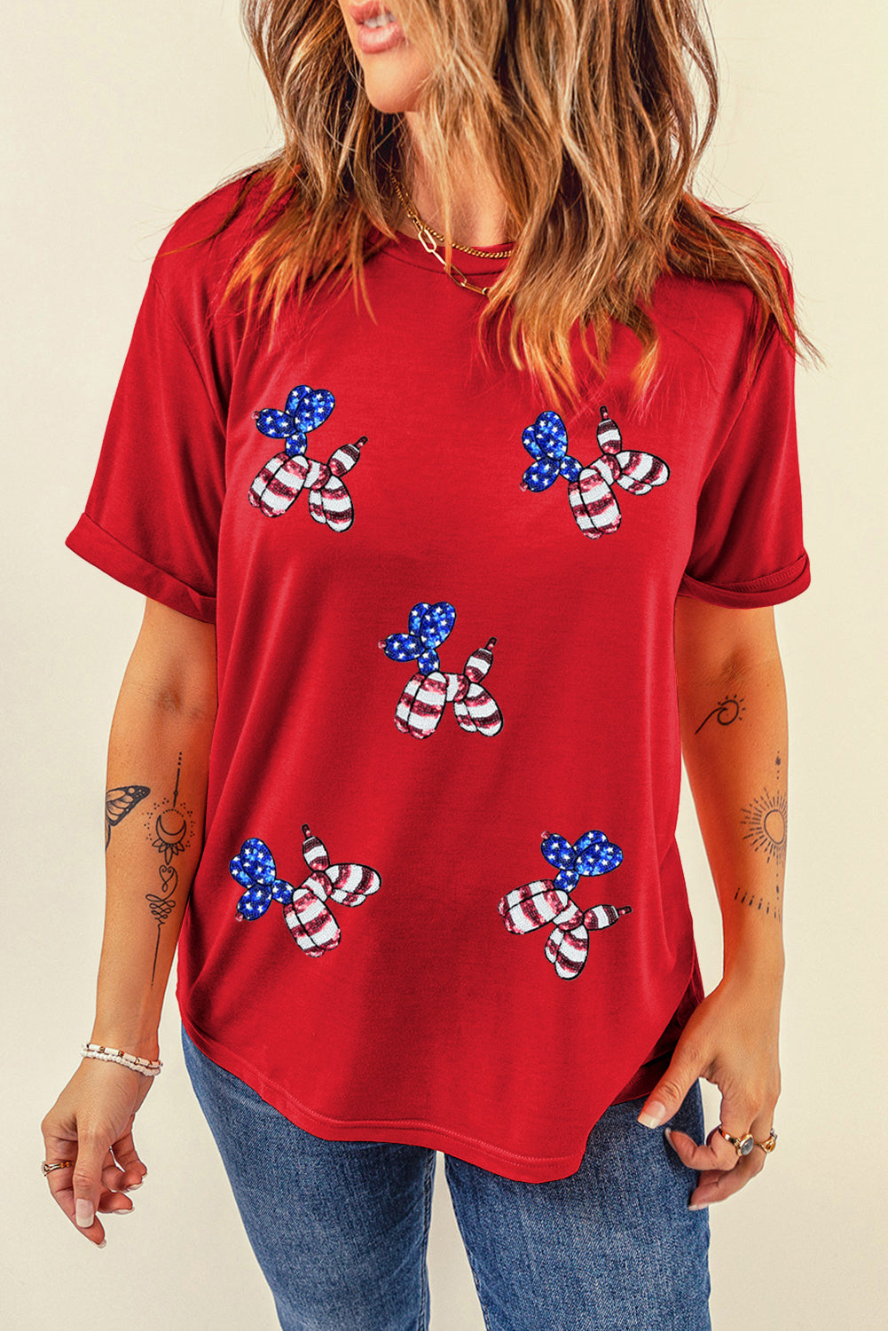 Black Patriotic Sequin Balloon Puppy Graphic Crewneck Tee