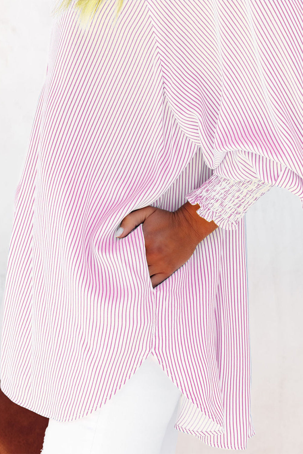Blue Stripe Striped Casual Shirred Cuffs Shirt