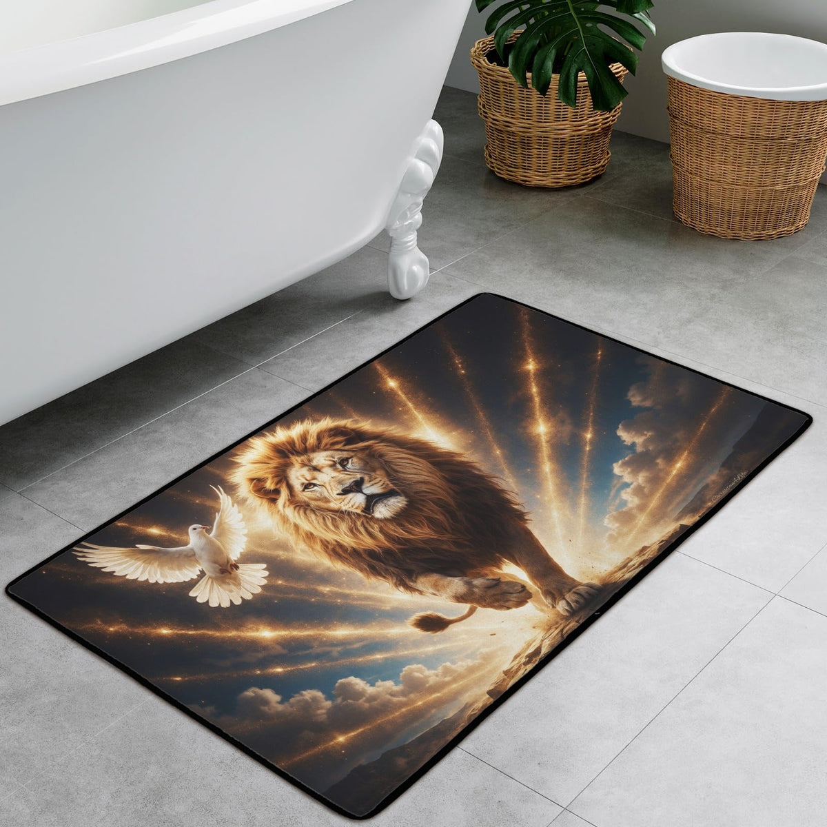 Lion of Judah and the Holy Spirit -Golden Rays and Clouds Small Area Rug with Black Binding (31"x20")