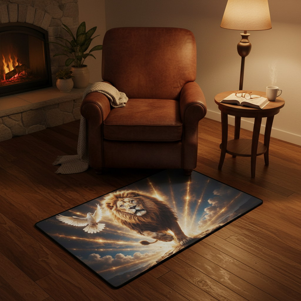 Lion of Judah and the Holy Spirit -Golden Rays and Clouds Small Area Rug with Black Binding (31"x20")