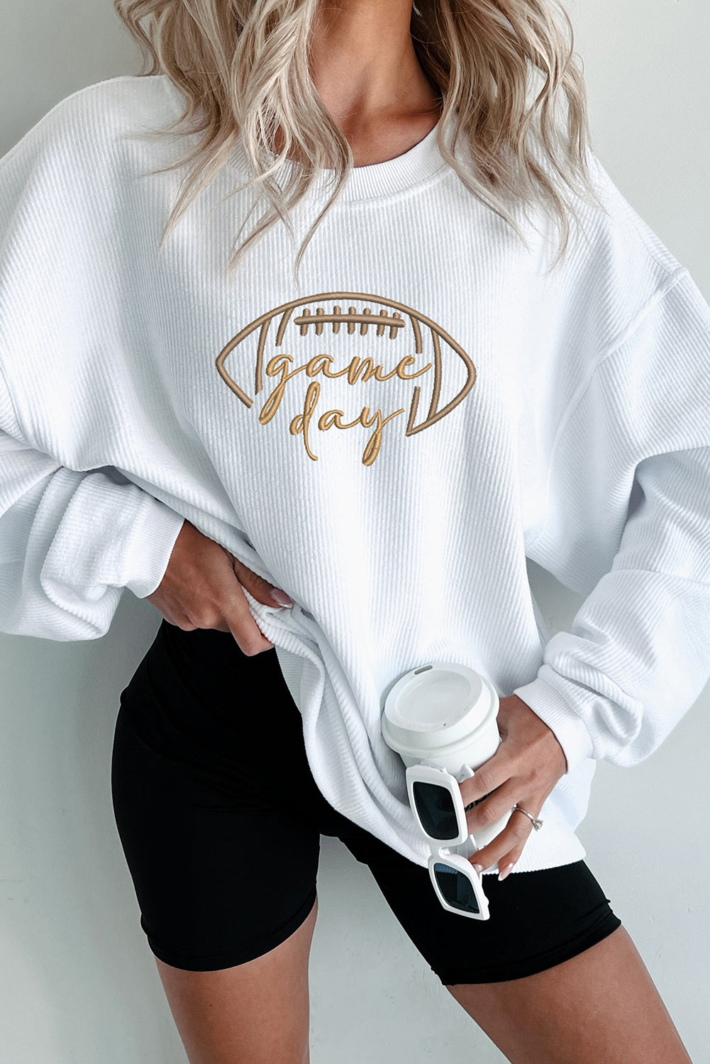 Black Football Graphic Game Day Embroidered Corded Sweatshirt