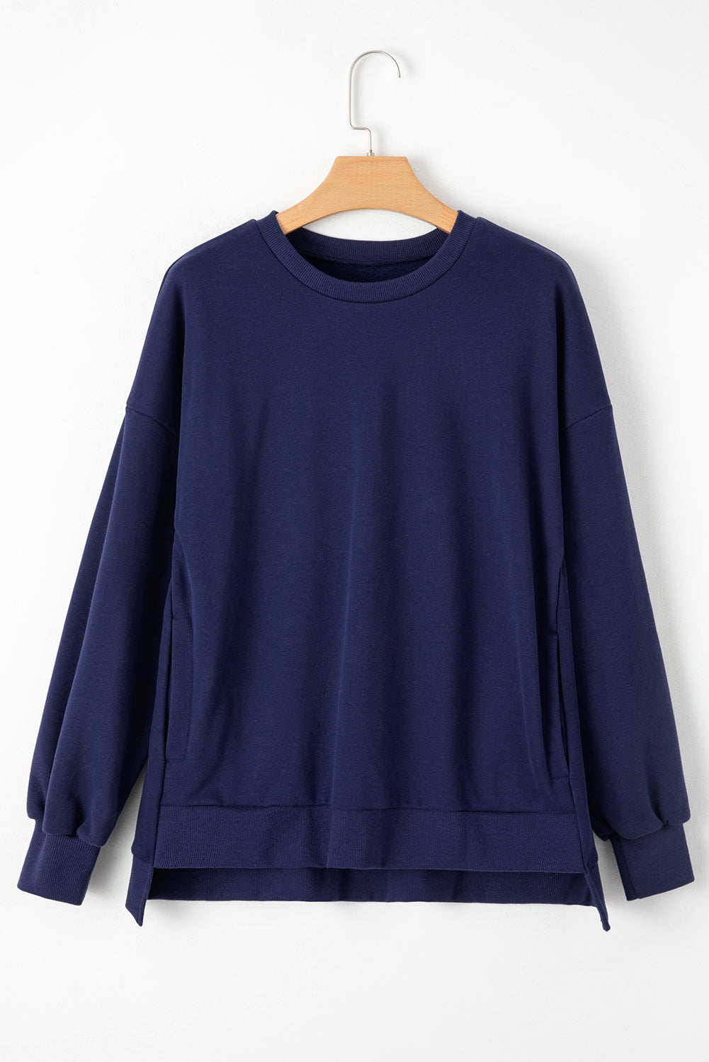 Sea Green Solid Fleece Lined Drop Shoulder High Low Sweatshirt